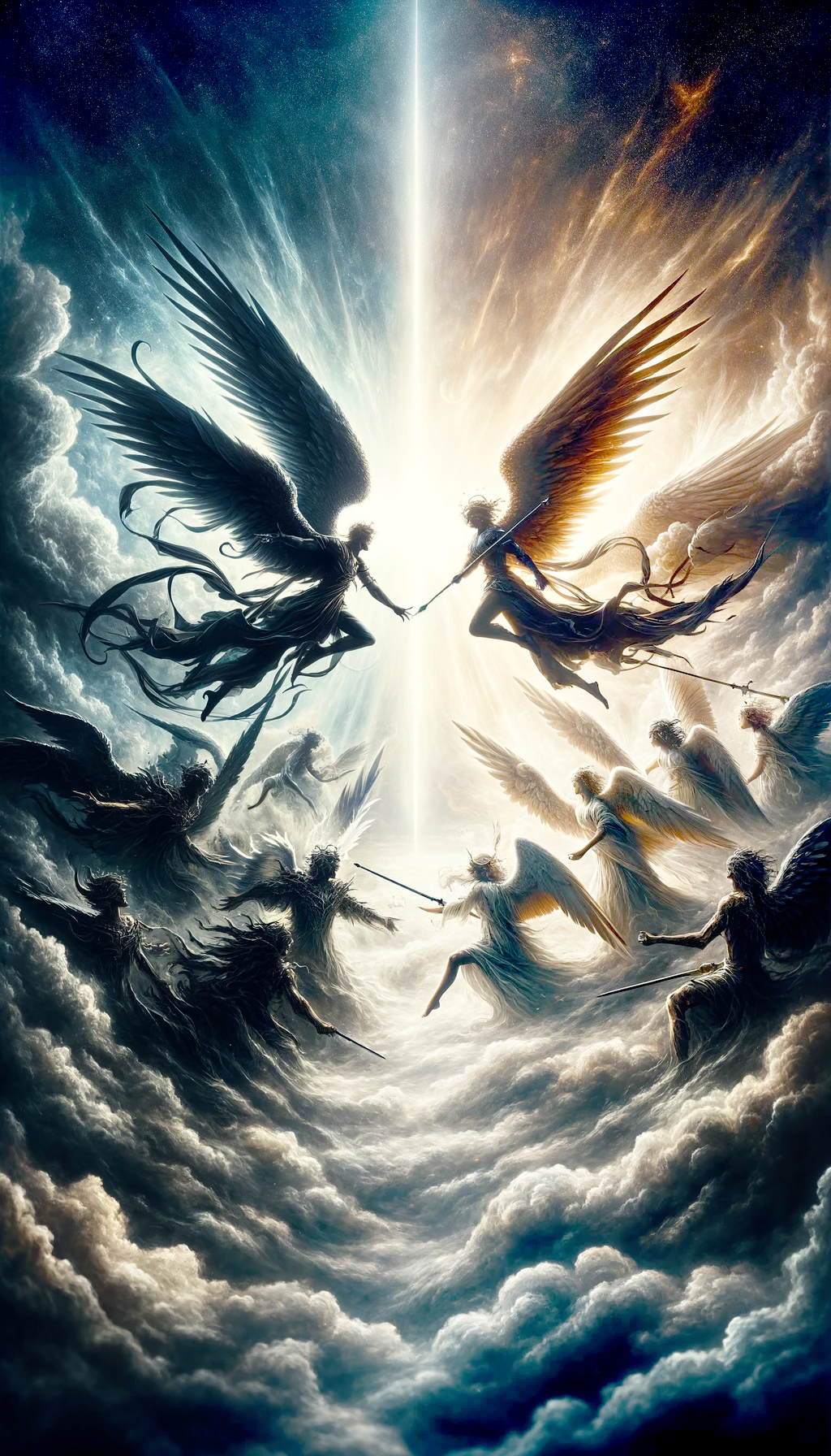 Depiction of a celestial conflict in heaven between Lucifer and Jesus, with the angels also fighting. AI generated