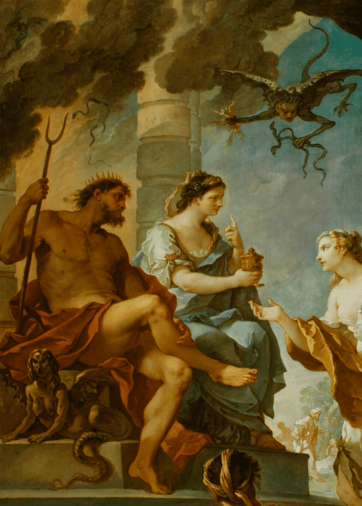 1735 oil painting of Psyche Obtaining the Elixir of Beauty from Proserpine. Showing the Greek mythological god Hades, the god of the dead and king of the underworld.