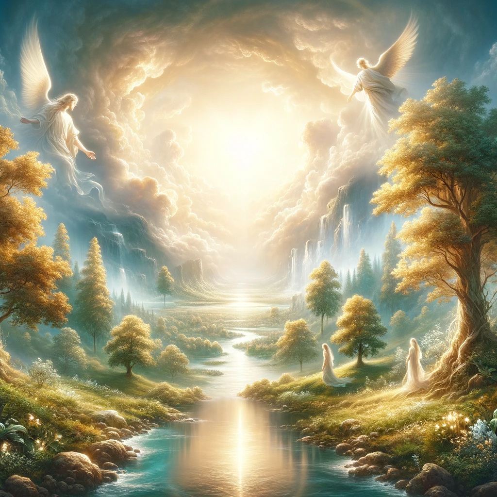 An artistic rendition of what heaven might look like, with a beautiful perfect vision of earth and angels. Generated by AI