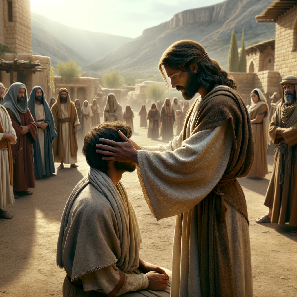 Jesus healing a man on the Sabbath, explaining the heart of the law is doing good. AI generated