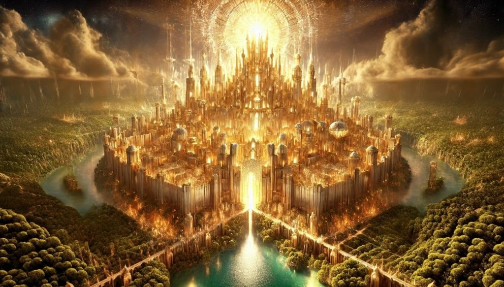 A generated AI depiction of New Jerusalem in heaven.