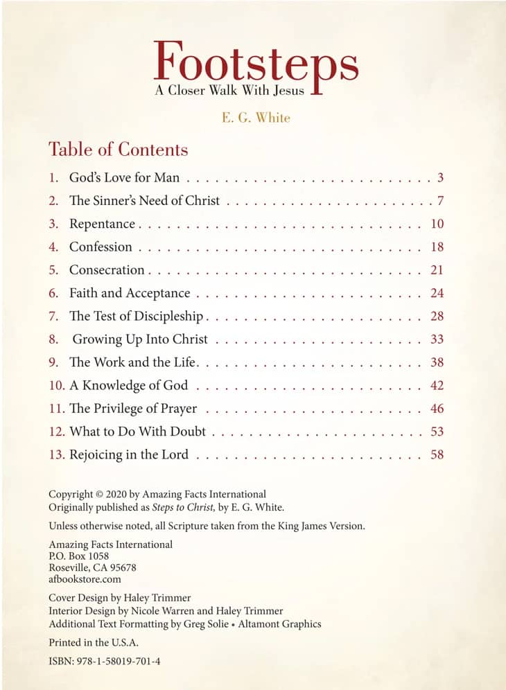 Table of Contents of the book Steps to Christ by E. G. White.