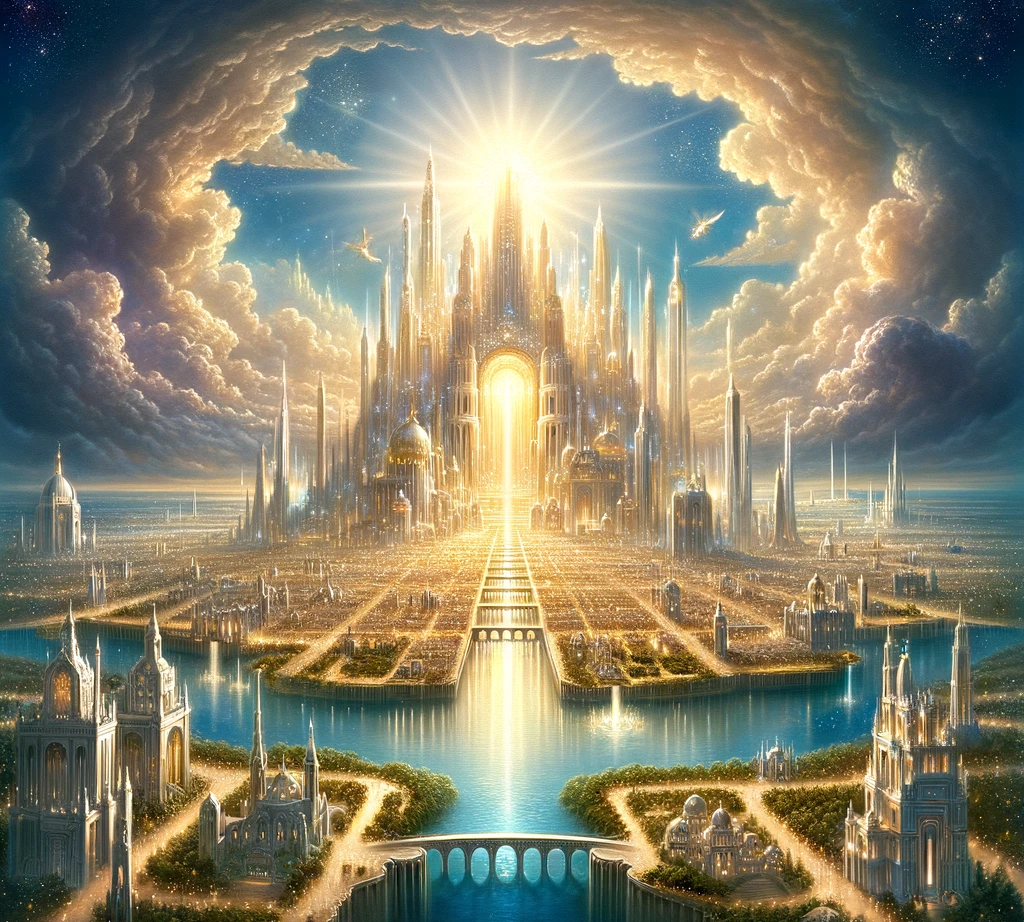 Inside the heavenly city of New Jerusalem during the Millennium. AI generated.