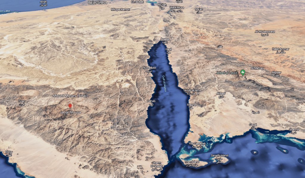 Two possible locations on Google Earth of Mount Sinai