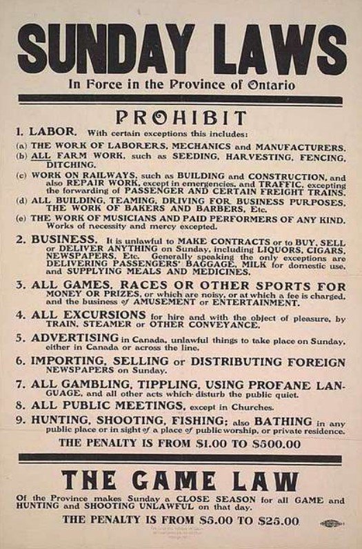 Ontario, Canada historical poster of activities that were prohibited on Sundays in 1911. Similar to other Blue laws
