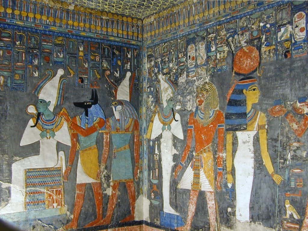 Ancient Egyptian wall painting from the tomb of Horembheb, 18th Dynasty, depicting false gods who can not hear, see, or know anything.