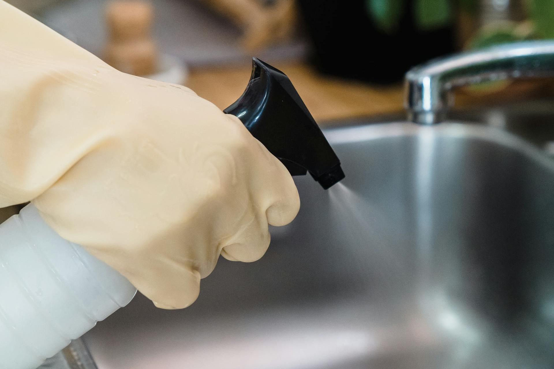 Spraying natural cleaner on the kitchen sink as a good steward of their home.