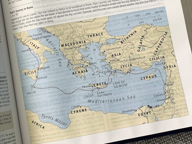 A map of Paul's journey to Rome and around the Mediterranean spreading Jesus' message